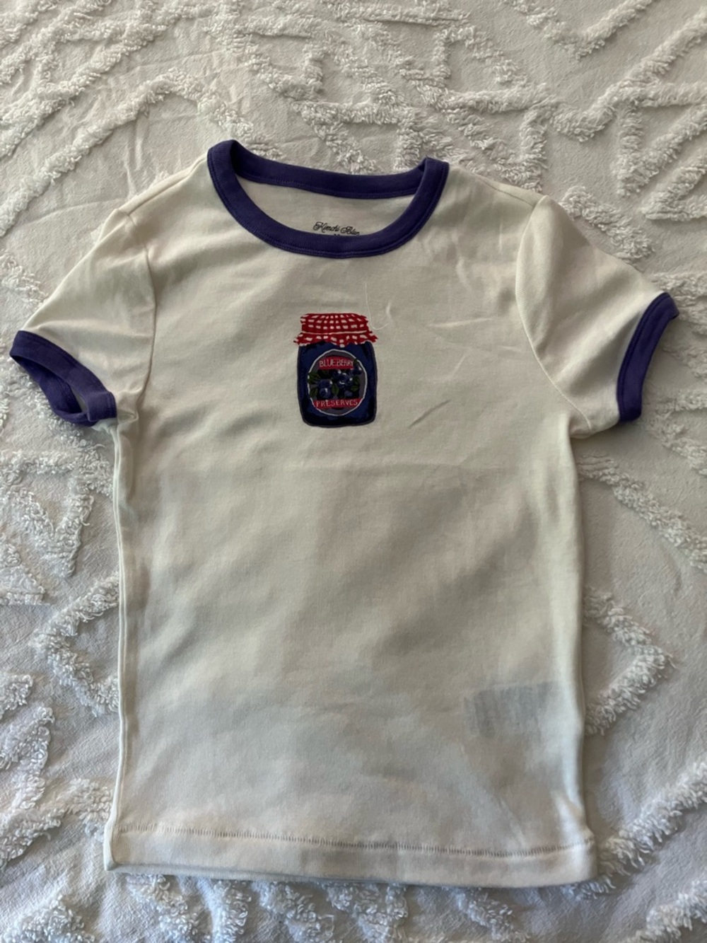 Kimchi Blue Cream Ringer Tee with Purple Trim and Red Jam Patch